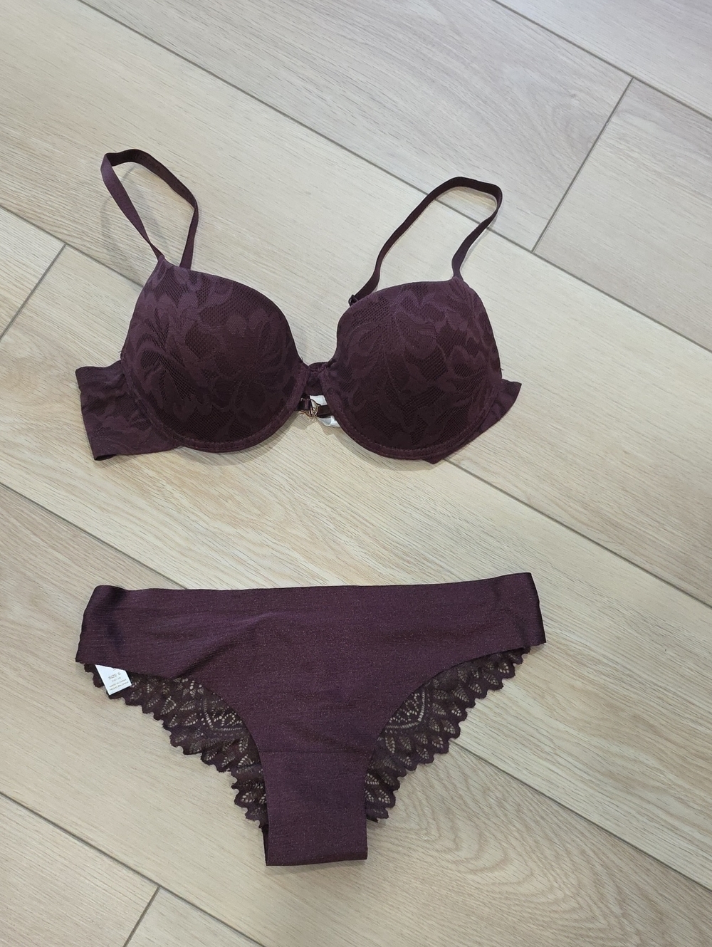 Adrienne Vittadini Plunge Push Up Lace-Detail Bra & Bikini Set in Deep Plum